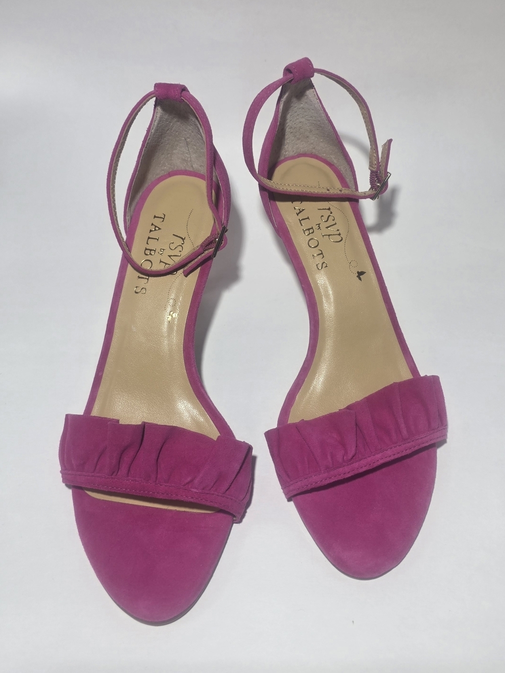 RSVP Talbots Pink Suede Heels Size 6.5 Ankle Strap Ruffle Open Toe Pumps
